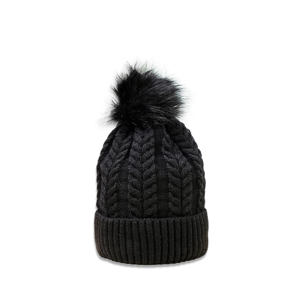 Cable knit pattern black beanie fluffy lining inside and with faux fur pompom on top
