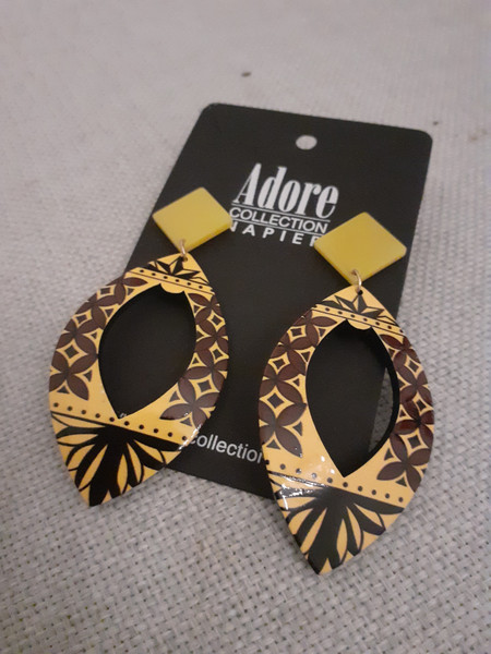 Tropical resort style pattern, acrylic drop earrings from yellow diamond shape stud on posts - black, yellow, brown