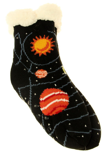 Kids Large size warm fleece socks with non-slip soles - solar system design (up to 20cm foot)
