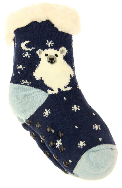 Kids medium size warm fleece socks with non-slip soles - polar bear design (up to 18cm)