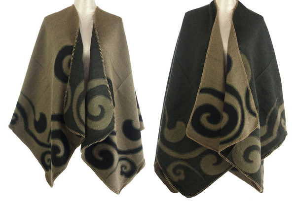 Reversible cape with Curls - Taupe/Grey/Green