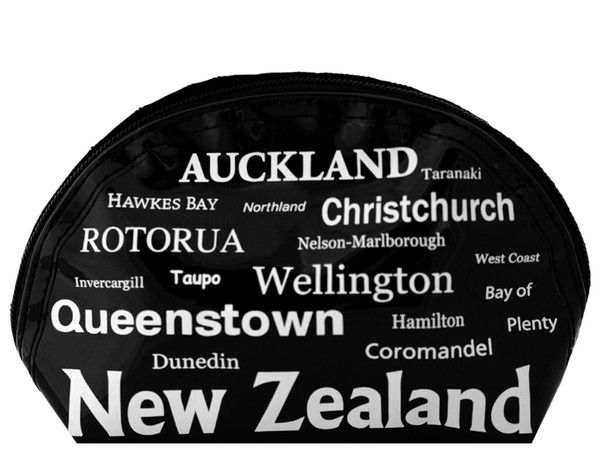 NZ place names in white on black cosmetic travel bag