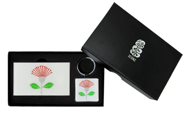 Box set of Business card holder and key ring with Pohutukawa flower design