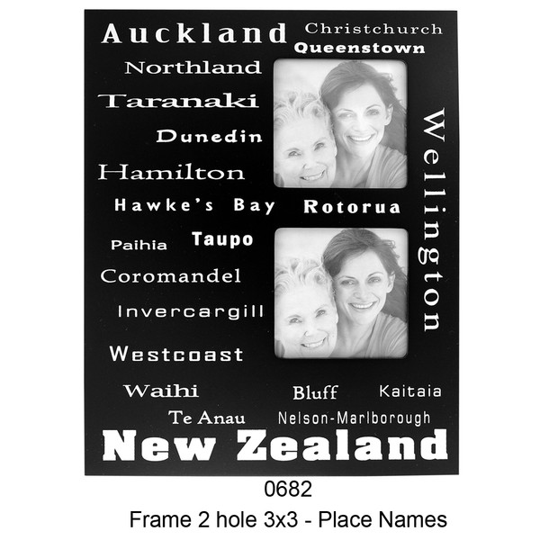 Black wooden photo frame with NZ place names to fit 2 x 3inch x 3inch photos