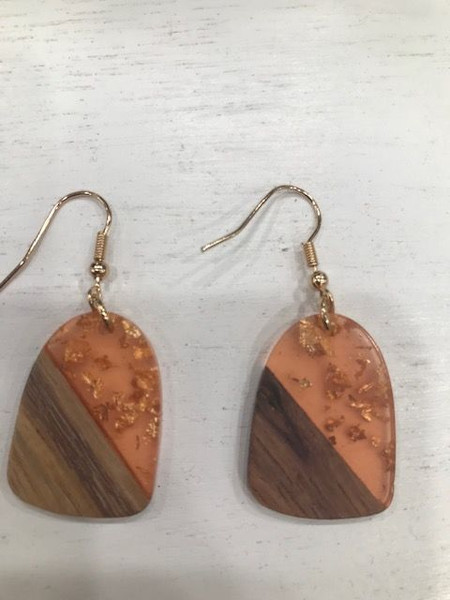 Resin and Wood earrings on gold coloured hooks - orange with gold flakes