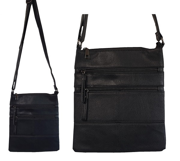Cross Body bag with square stitching design and 5 zips - black