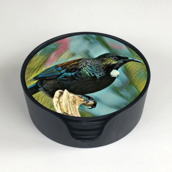 NZ Tui on 6 glass coaster set with holder