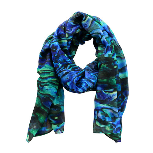 New Zealand pāua shell print scarf with blue, green, turquoise and teal swirls