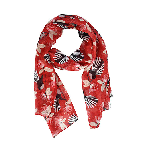 Red New Zealand scarf with a fantail bird design