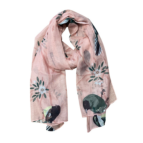 Pink Native Skies scarf featuring New Zealand native birds and mānuka flowers