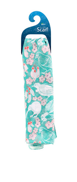 Scarf with NZ Birds and Flowers on teal colour