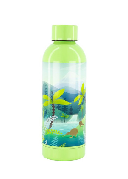 Green 500ml stainless steel drink bottle with New Zealand scene and kiwi design