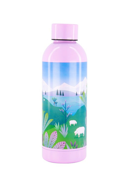 Metal Drink Bottle, New Zealand scene with sheep - pink