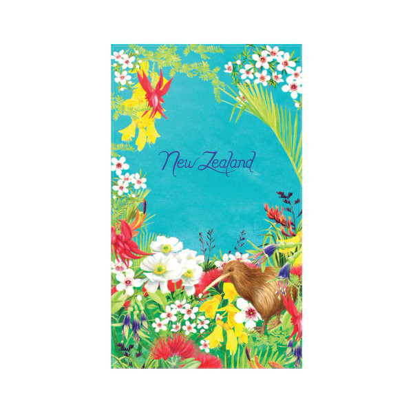 NZ tea Towel with Kiwi in flowers