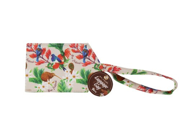 Luggage tag - beige with NZ birds and flowers