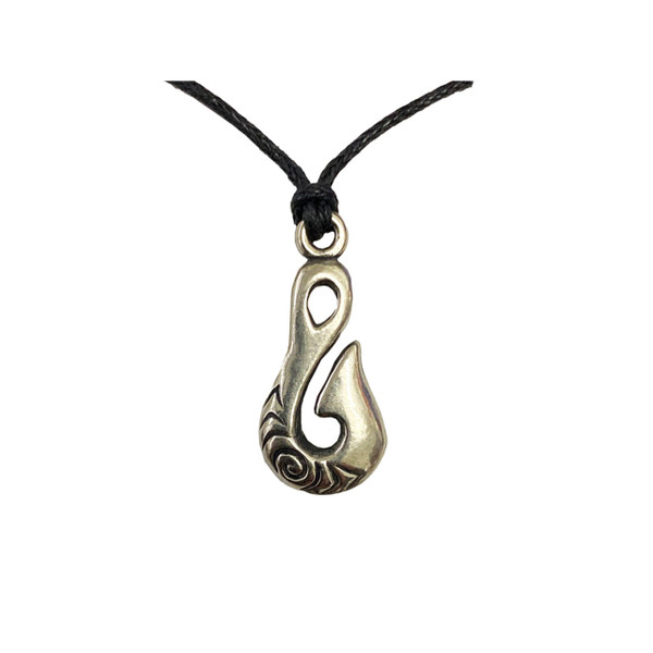 Fish Hook (hei Matua) - Pewter pendant on black cord