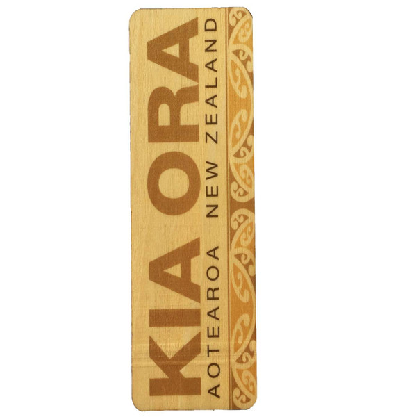 Kia Ora Aotearoa New Zealand bamboo bookmark with kowhaiwhai design
