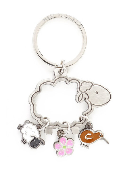 Key ring - metal cut out sheep with NZ charms