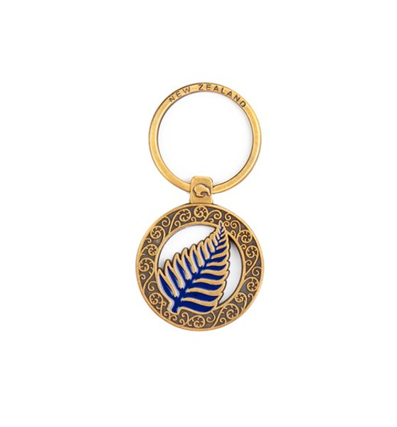 Keyring - Retro antique style fern in gold and blue