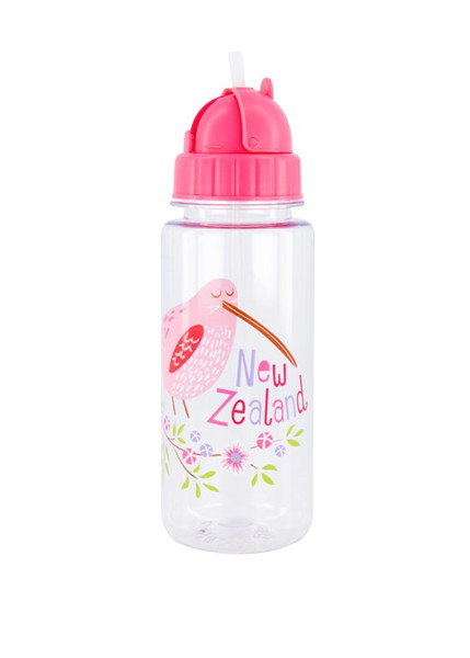 Kids plastic pink Drink Bottle with Kiwi and flowers