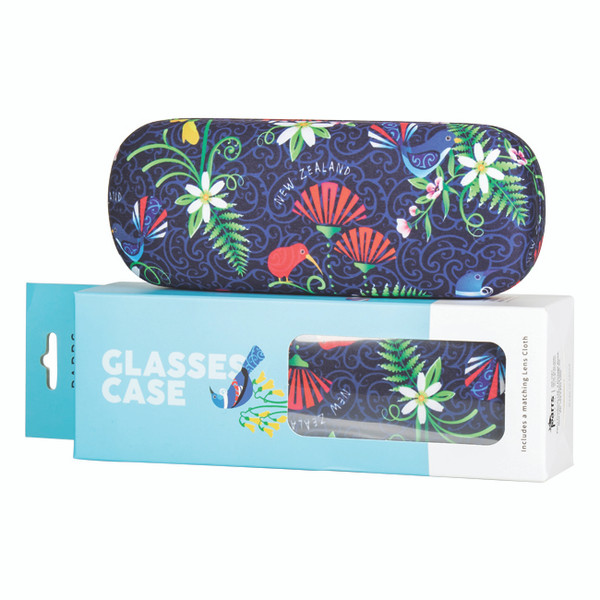 Glasses case - NZ Birds, flowers on navy background