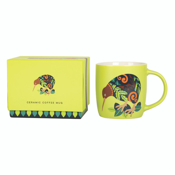 Ceramic Coffee Mug designer Bird NZ Kiwi on lime green