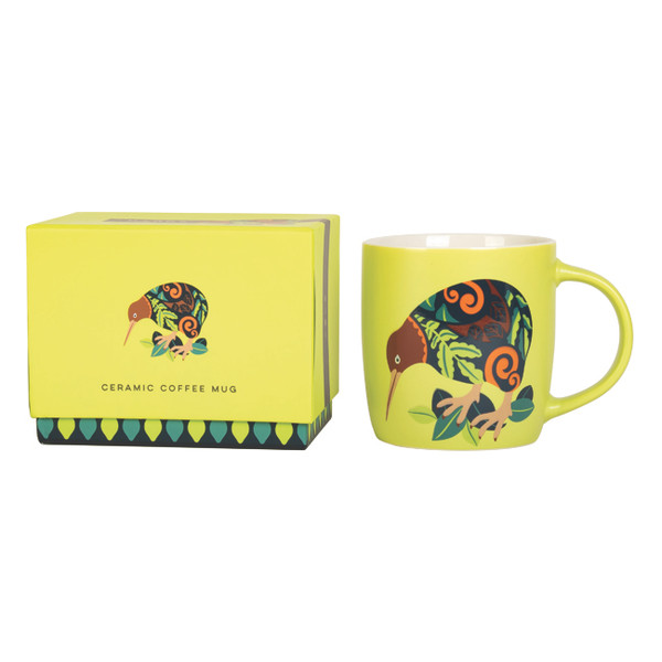 Lime green new bone china mug featuring a New Zealand kiwi bird design