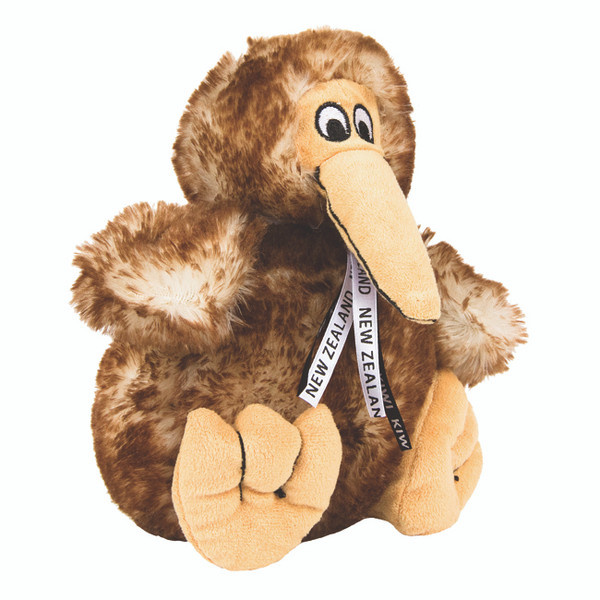 Fluffy Kiwi soft toy with New Zealand ribbon