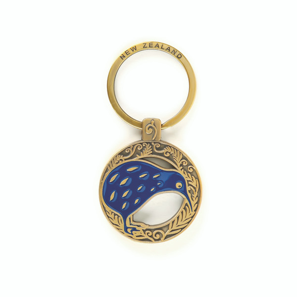 NZ Keyring - metal gold colour antique style Kiwi