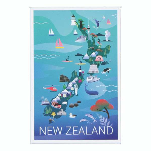 Metal Fridge Magnet - NZ map with icons