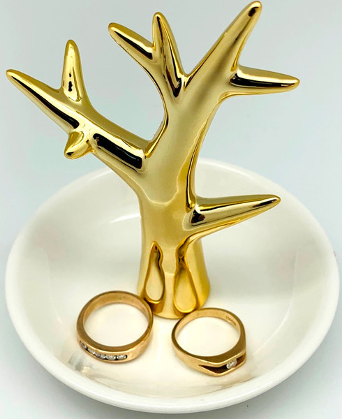 Ring Holder - Gold tree on white saucer