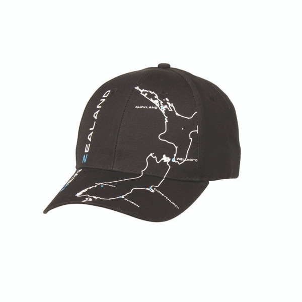 NZ Cap - NZ Map on 100% cotton black cap