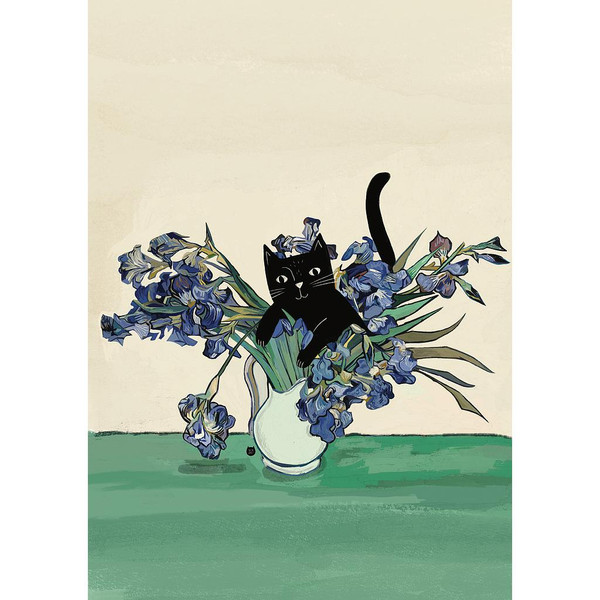 Greetings Card - Cat in Van Gogh's Iris Vase