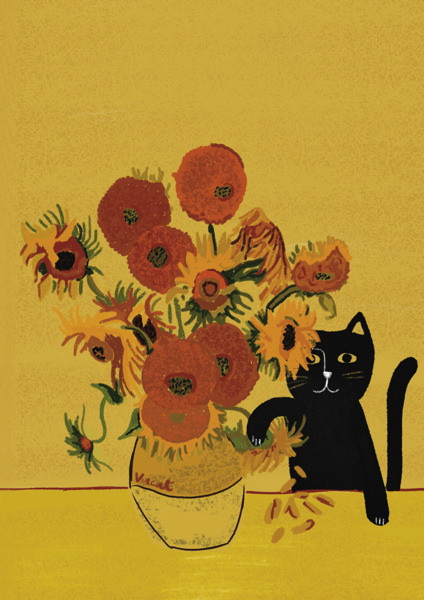 Greetings Card - Black cat in Van Gogh's Sunflower Vase