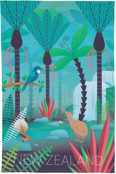 NZ Tea Towel with NZ Native Birds in NZ Native Bush