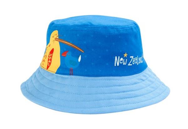 Kids blue Bucket hat with yellow kiwi and blue stars