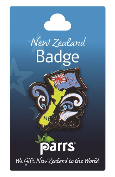 NZ Map, NZ flag and fern Badge / Pin