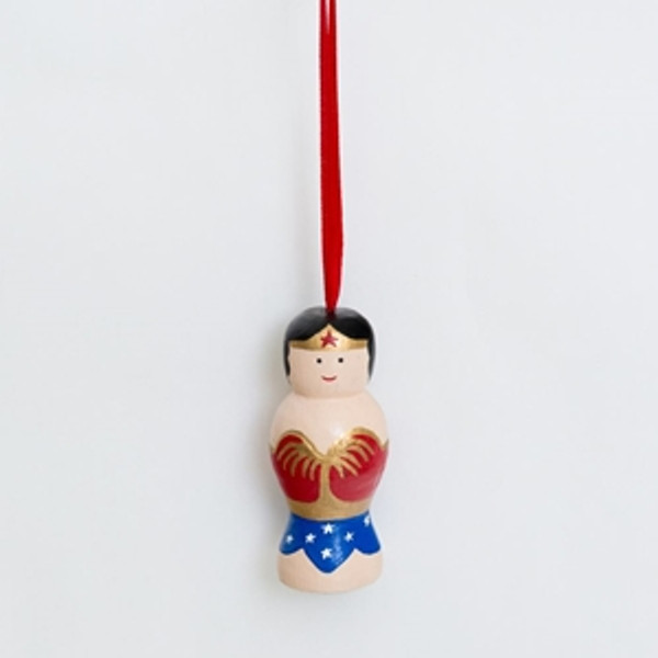 Super Woman handmade wooden skittle (4cm x 8cm) free standing and hanging