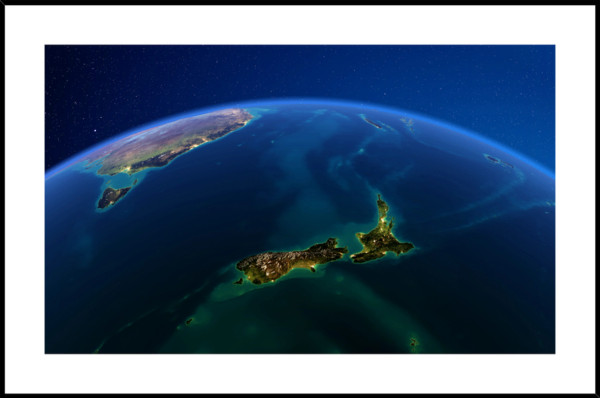 NZ from space - glass print in frame