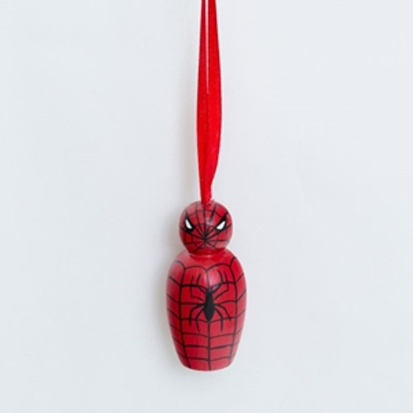 Spiderman handmade wooden skittle (4cm x 8cm) free standing and hanging