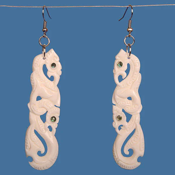 Double Manaia with hook handcarved bone earrings on hooks