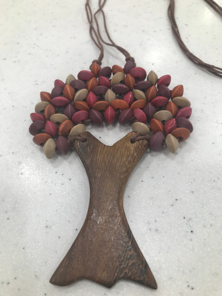 Wooden bead tree necklace -mauve and orange