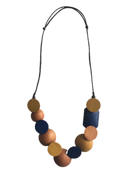 Irregular bead wooden necklace  - blue and earth