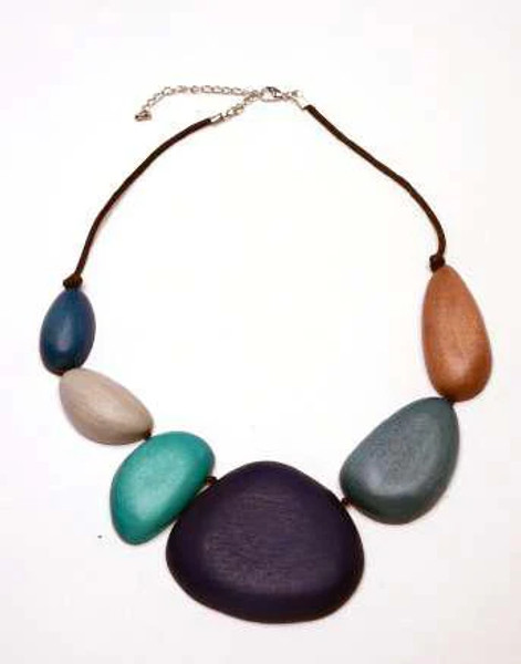 Teal and blue large bead wooden necklace
