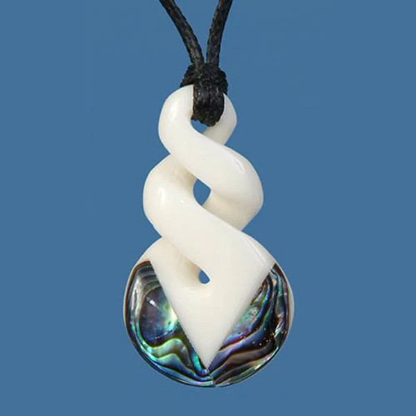 Bone and Paua Double Twist hand-carved pendant