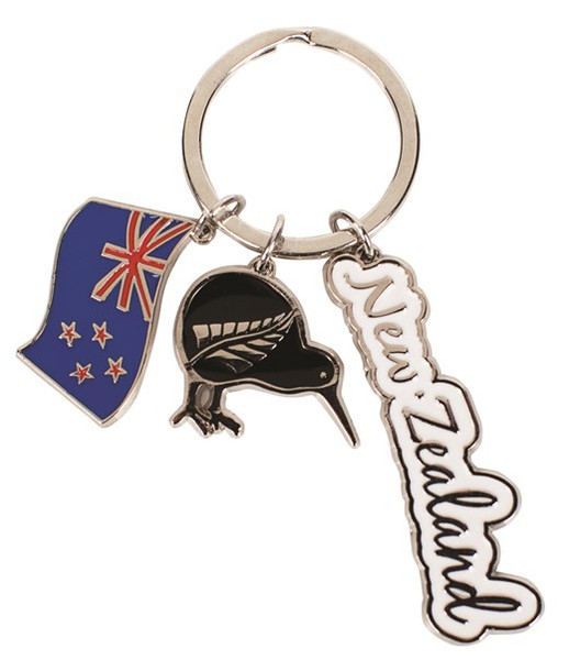 NZ keyring - metal Kiwi with fern, flag and New Zealand tag