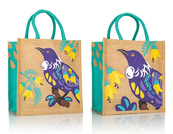 Hessian bag with Tui and Kowhai