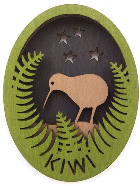 NZ Kiwi in the ferns wooden oval 3D fridge magnet