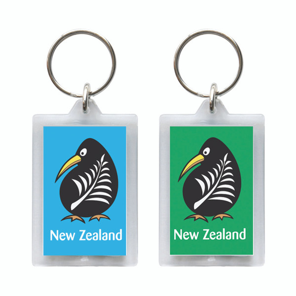 Fern on Kiwi with blue / green background - New Zealand Keyring