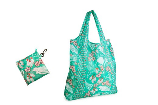 Eco friendly folding bag with NZ birds and flowers on teal